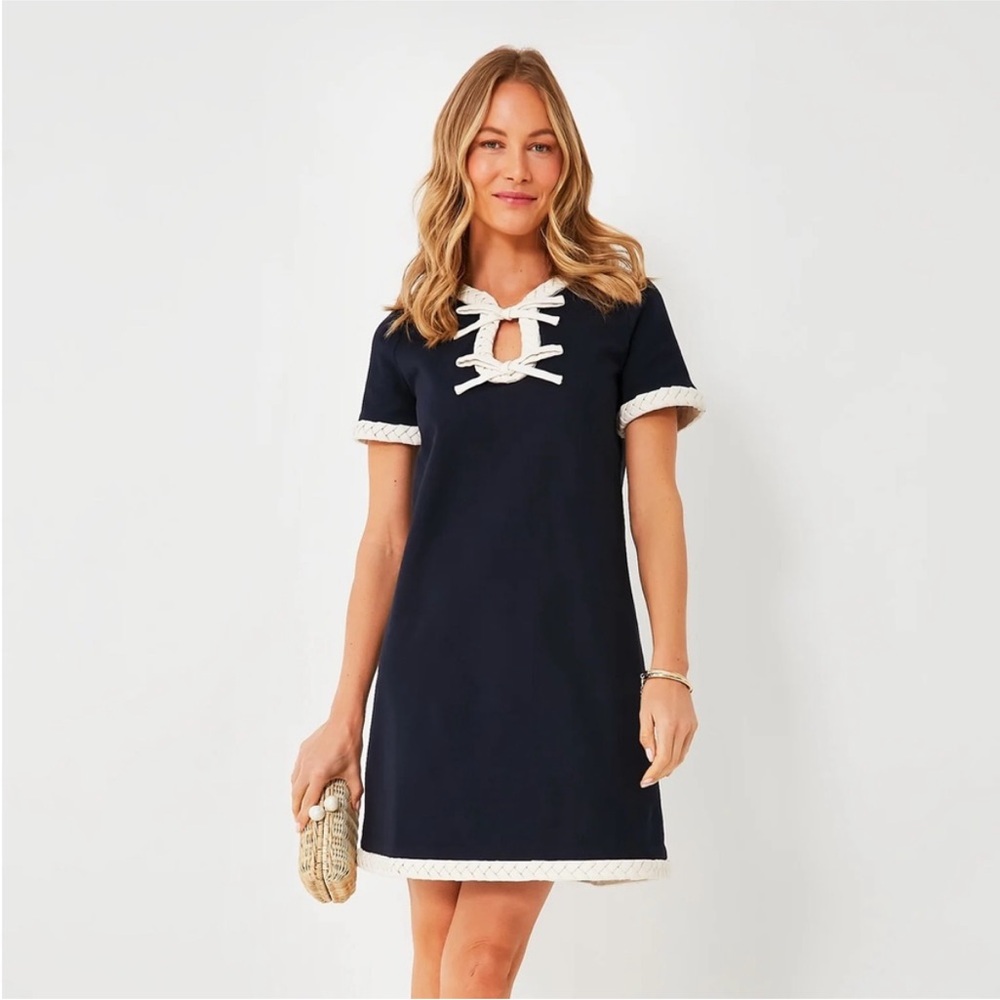 NWT Tuckernuck Navy Bow Olivia Dress with Cream Trim size XL
